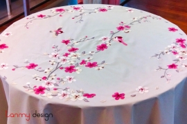 Round table cloth- Pink apricot blossom embroidery (size 230 cm)